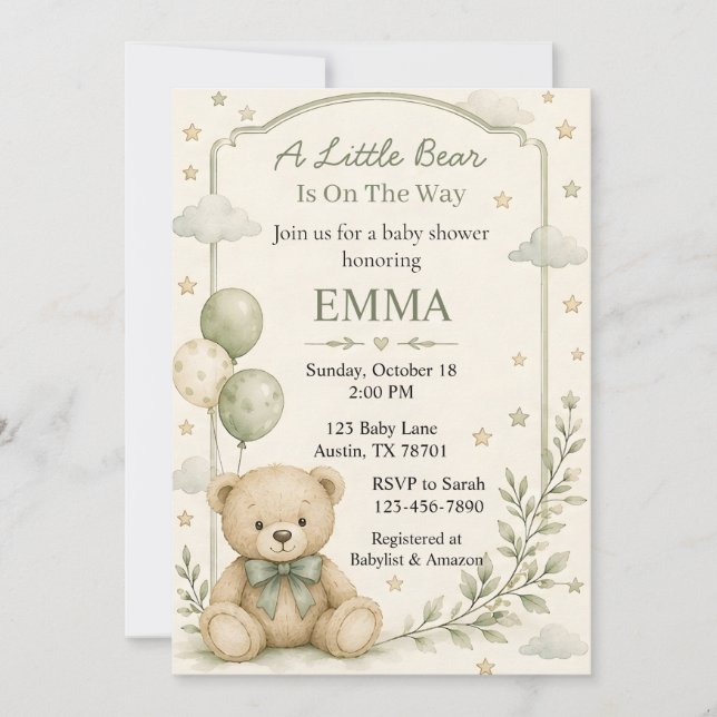 Invitación para baby shower de Osito (Anverso)