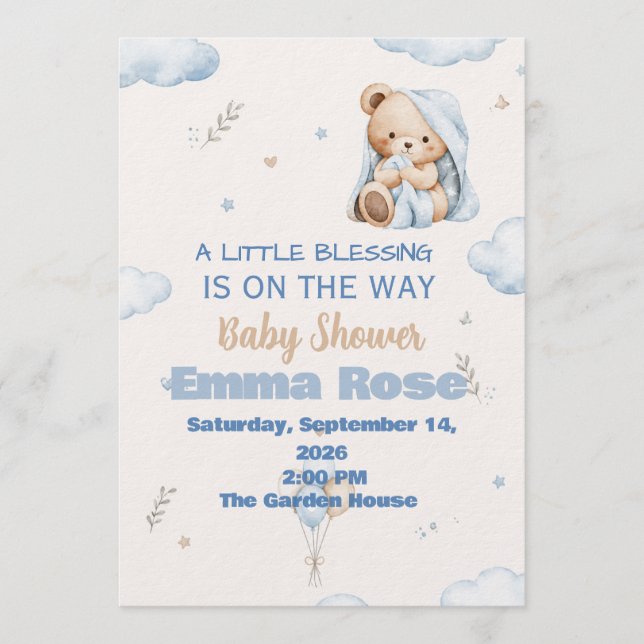 Invitación para Baby Shower de Osito de Bendición  (Anverso)