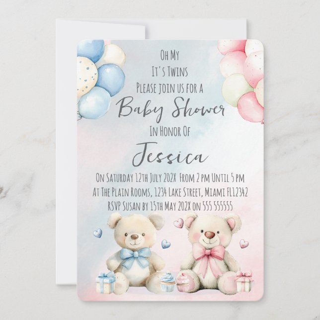 Invitación para baby shower de ositos gemelos niño (Anverso)
