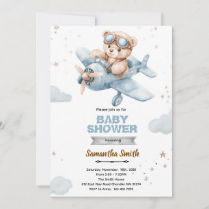 Invitación para baby shower de oso en avión