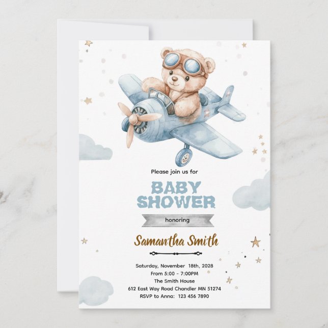 Invitación para baby shower de oso en avión (Anverso)