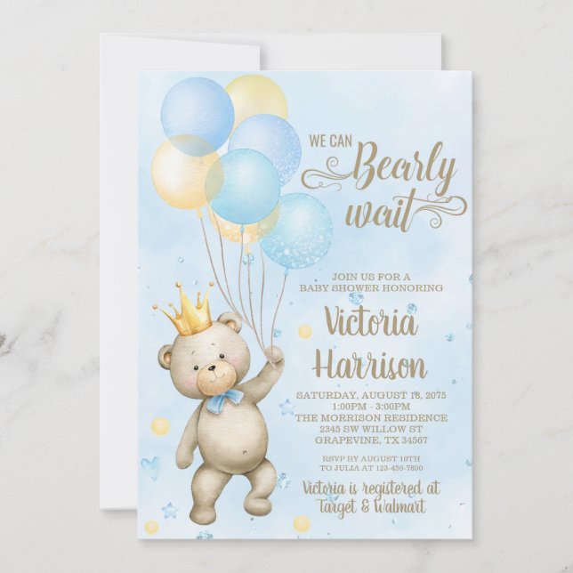 Invitación para baby shower de oso niño (Anverso)