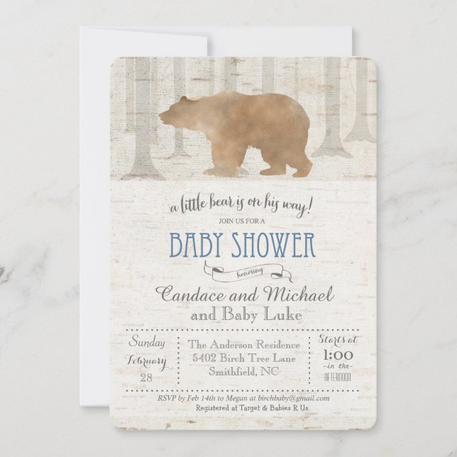 Invitación para Baby Shower de Oso y Abedul (Anverso)