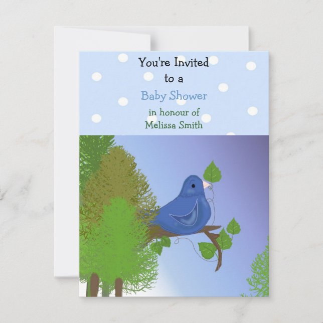 Invitación para baby shower de pajarito azul (Anverso)