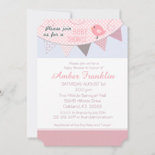 Invitación para baby shower de pájaro rosa