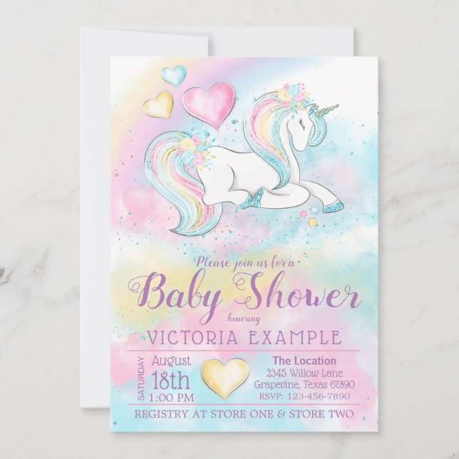Invitación para Baby Shower de Pastel de Unicornio (Anverso)