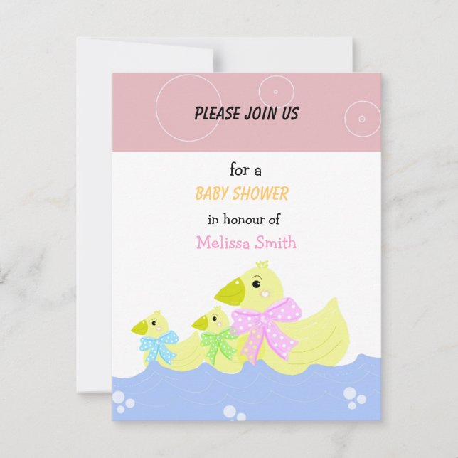 Invitación para baby shower de patitos amarillos (Anverso)