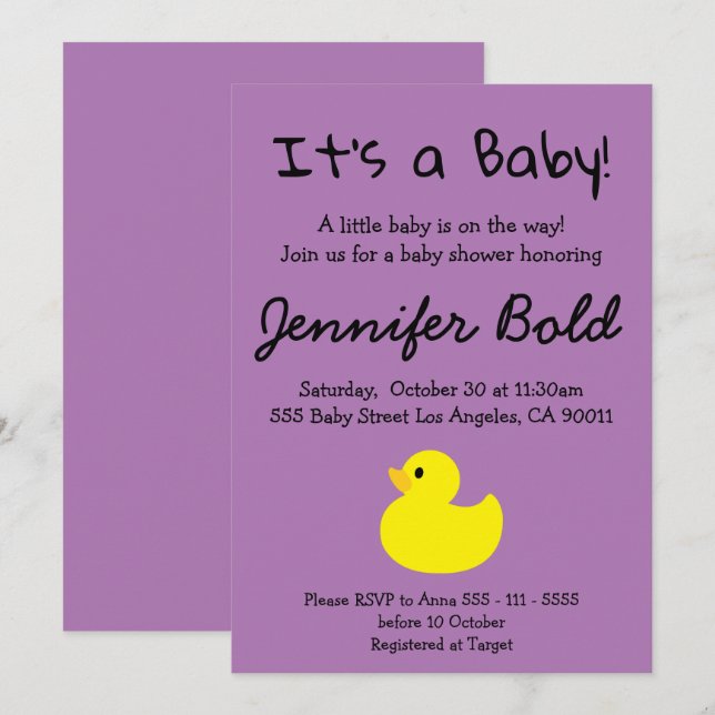 Invitación para Baby Shower de Pato Amarillo (Anverso / Reverso)