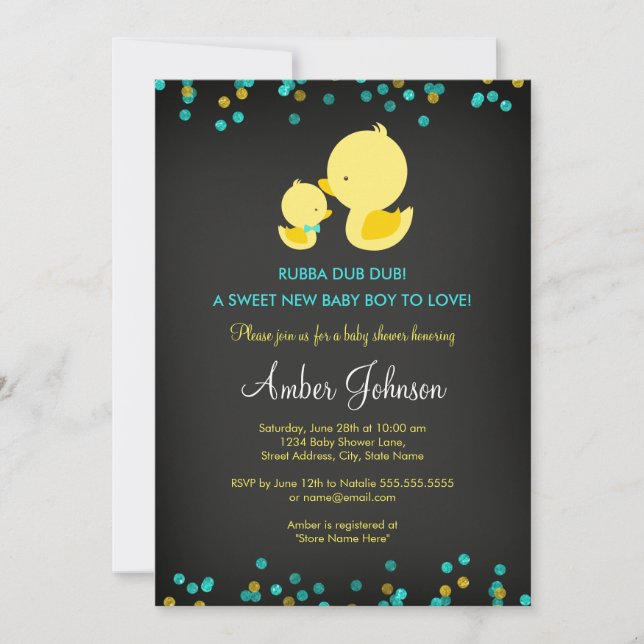 Invitación para baby shower de pato de goma en piz (Anverso)