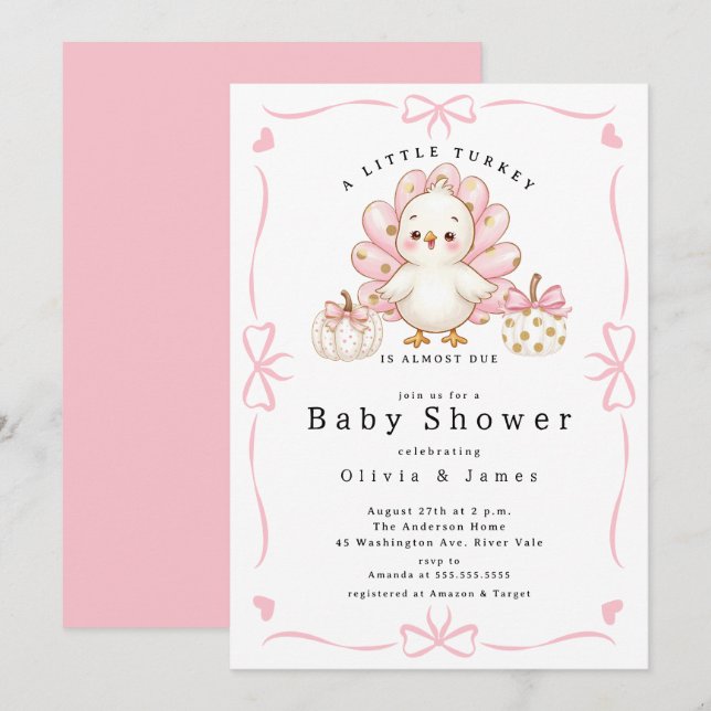 Invitación para Baby Shower de Pavito Rosa (Anverso / Reverso)