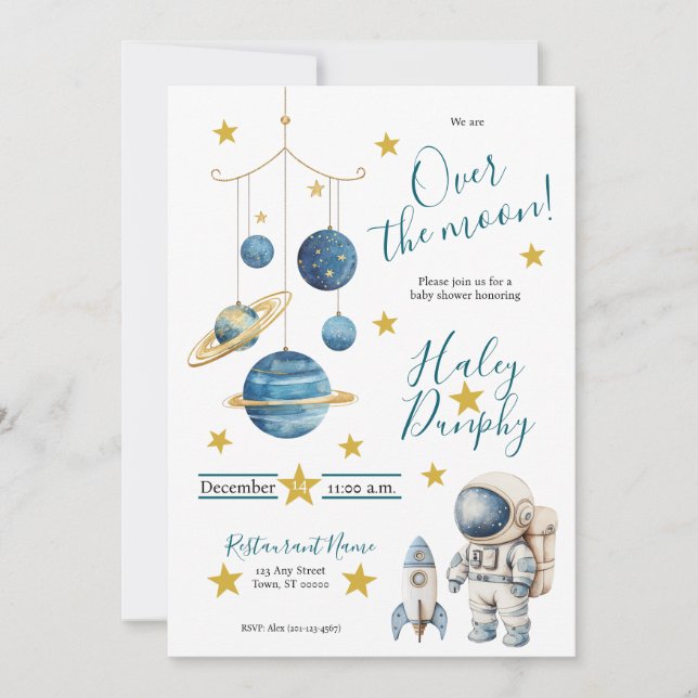 Invitación para baby shower de pequeño astronauta (Anverso)
