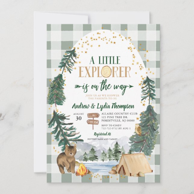Invitación para baby shower de pequeño explorador  (Anverso)