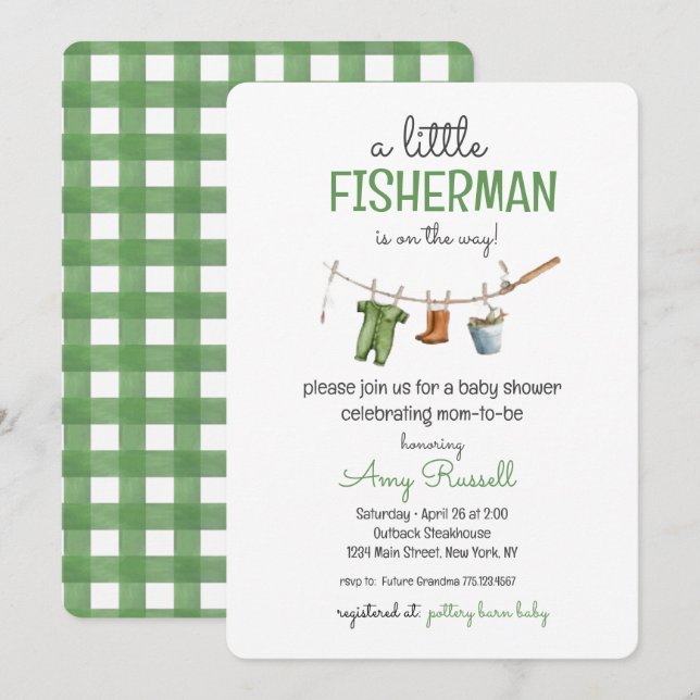 Invitación para baby shower de pequeño pescador (Anverso / Reverso)