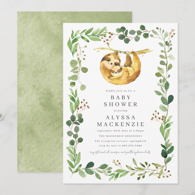 Invitación para baby shower de perezoso (Anverso / Reverso)