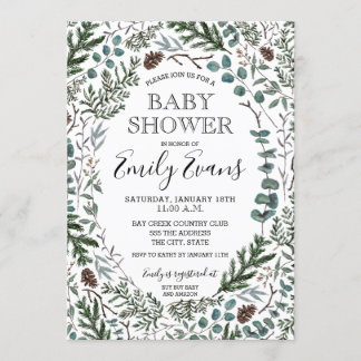 Invitación para baby shower de pino y eucalipto
