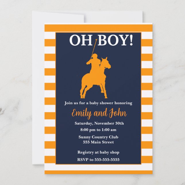 Invitación para baby shower de polo azul naranja (Anverso)