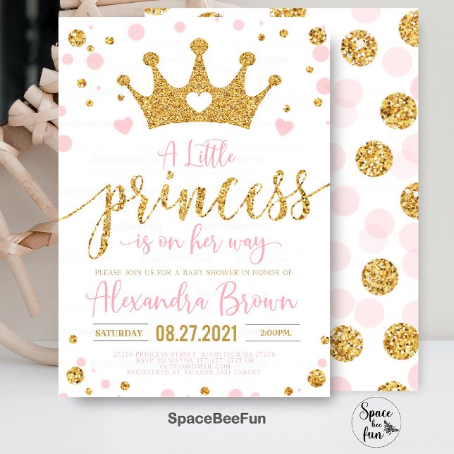 Invitación para baby shower de princesa, pequeña p (Princess Baby Shower Invitation, Pink and Gold Little Princess Invitations, Princess invites)