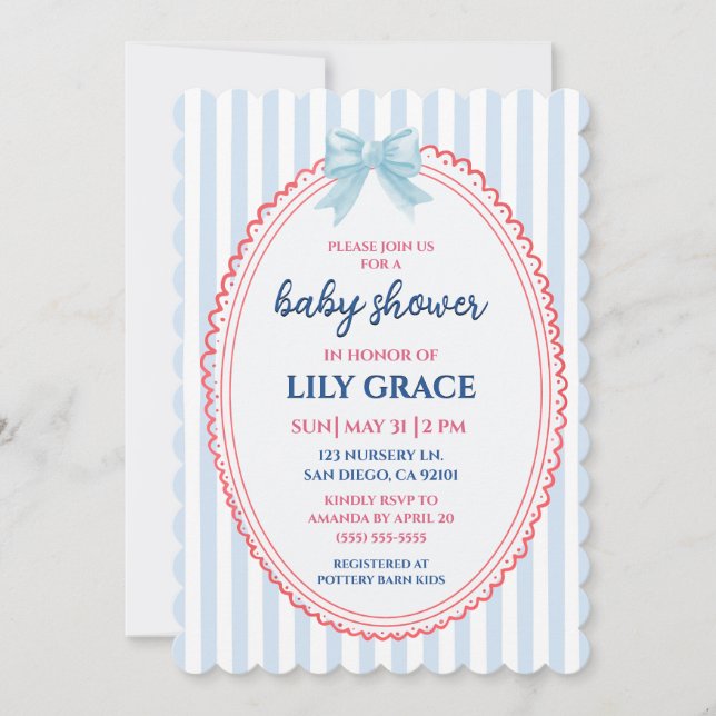 Invitación para baby shower de rojo, blanco y debi (Anverso)