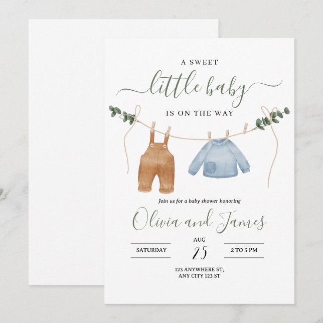 Invitación para Baby Shower de Ropa de Bebé, Niño (Anverso / Reverso)