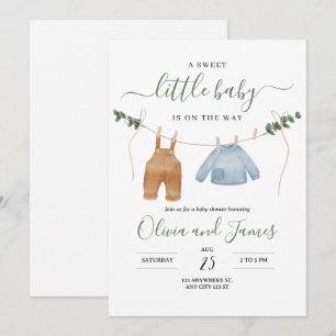 Invitación para baby shower de ropa de bebé, niño