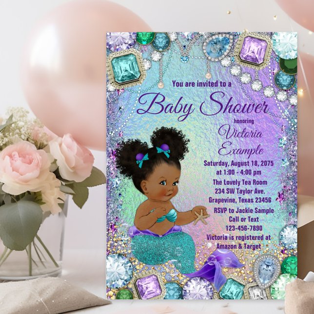 Invitación para baby shower de sirena joya con cab (Postcard baby shower invitation. You can add your return address to the back to save time.)