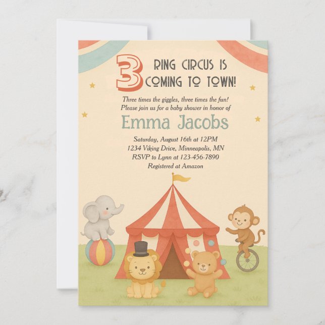 Invitación para Baby Shower de Trillizos 'Circo de (Anverso)