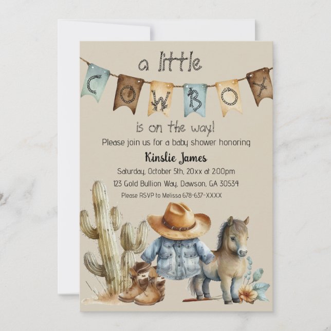 Invitación para Baby Shower de Un Pequeño Vaquero  (Anverso)