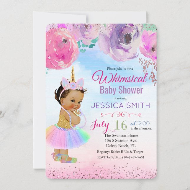Invitación para Baby Shower de Unicornio con Acuar (Anverso)