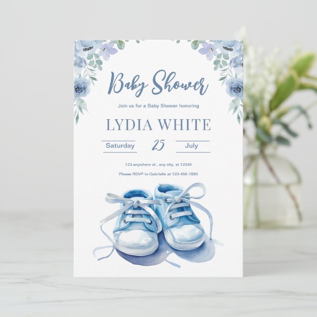 Invitación para baby shower de zapatillas de bebé, (Anverso de pie)