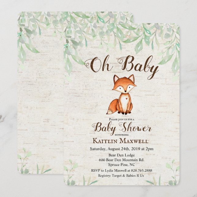 Invitación para Baby Shower de Zorro (Anverso / Reverso)