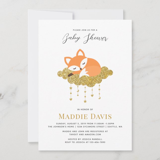 Invitación para baby shower de zorro (Anverso)