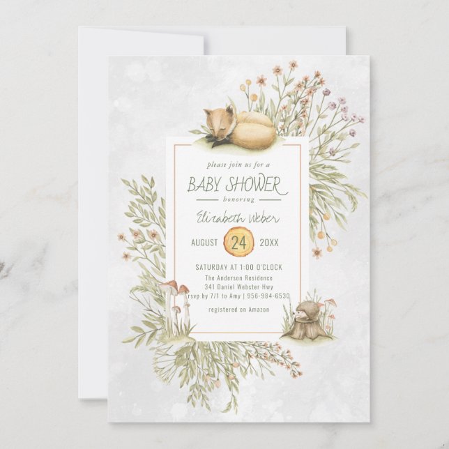 Invitación para baby shower de zorro del bosque (Anverso)