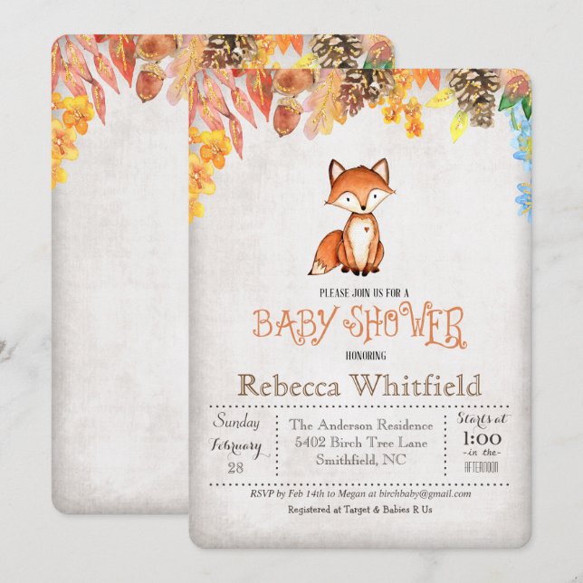 Invitación para Baby Shower de Zorro Pequeño (Anverso / Reverso)