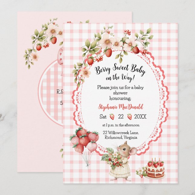 Invitación para Baby Shower del Ratón de Fresa (Anverso / Reverso)