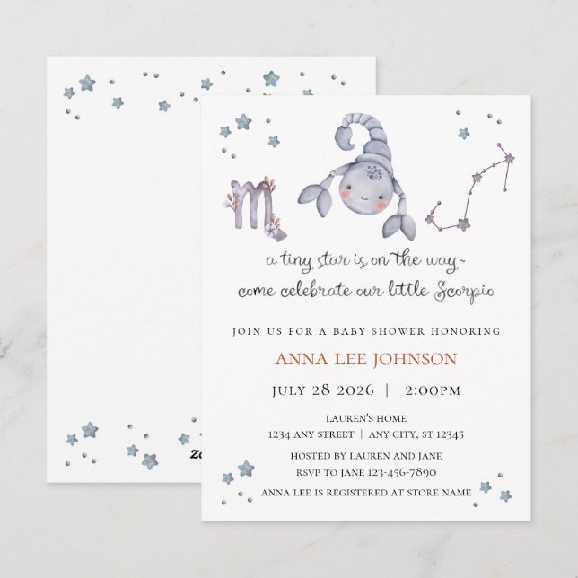 Invitación para baby shower del zodíaco de Escorpi (Anverso / Reverso)