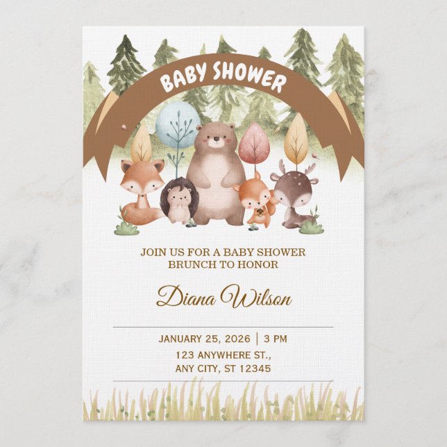 Invitación para Baby Shower en Bosque de Madera (Anverso)