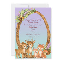 Invitación para baby shower en bosque de morado y 