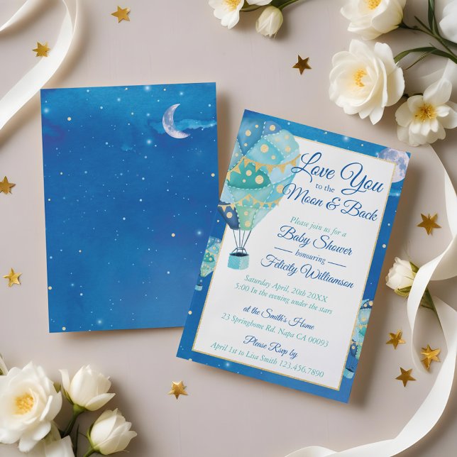 Invitación para Baby Shower en Globo Aerostático d (Night Stars Hot Air Balloon Baby Shower Invitation)