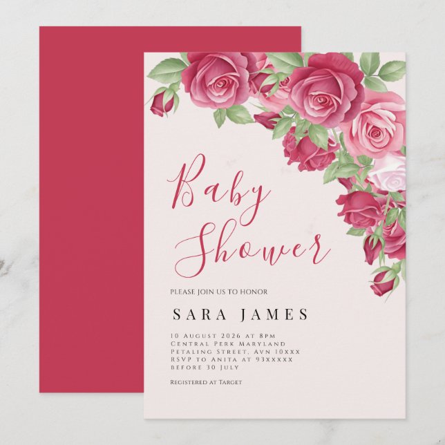 Invitación para Baby Shower Enchanted Rose Garden (Anverso / Reverso)