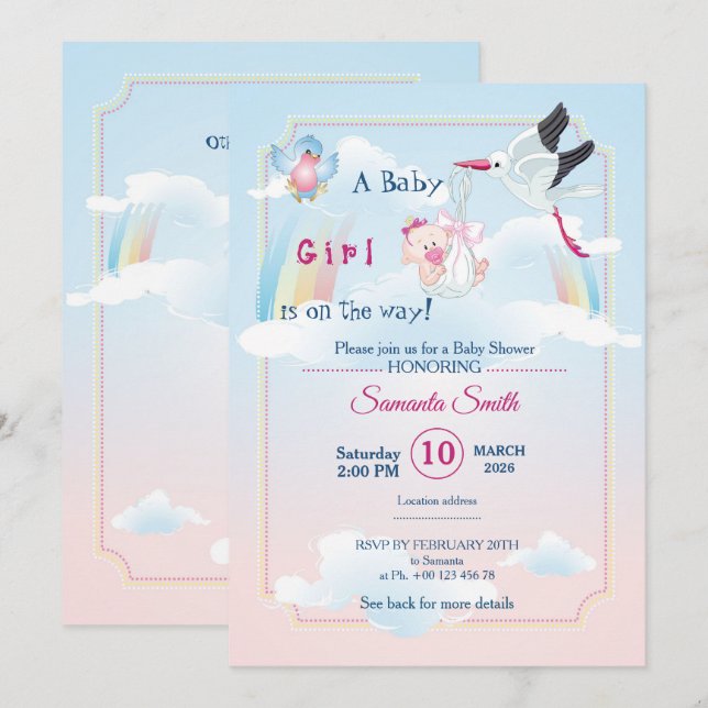 invitación para baby shower, es una niña (Anverso / Reverso)