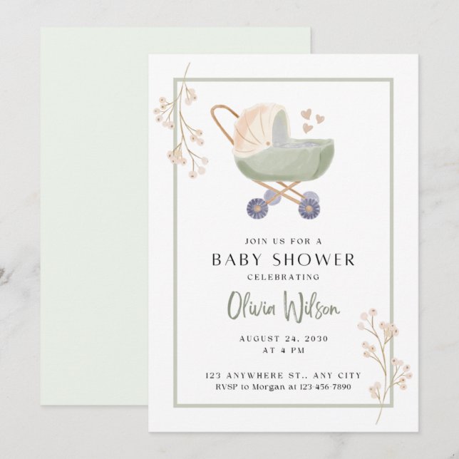 invitación para baby shower flores verdes cochecit (Anverso / Reverso)