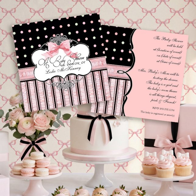 Invitación para Baby Shower - French Bow Dot Swirl (Subido por el creador)