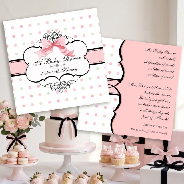 Invitación para Baby Shower - French Bow Dot Swirl (Subido por el creador)