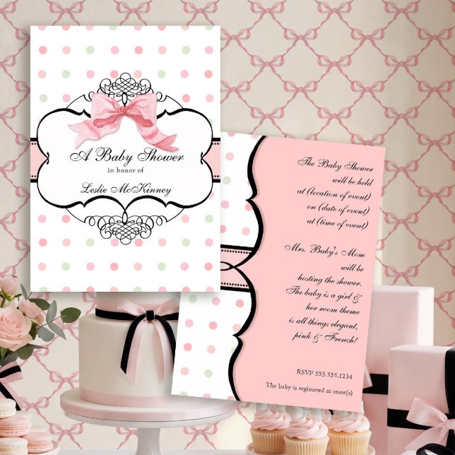 Invitación para Baby Shower - French Bow Dot Swirl (Subido por el creador)