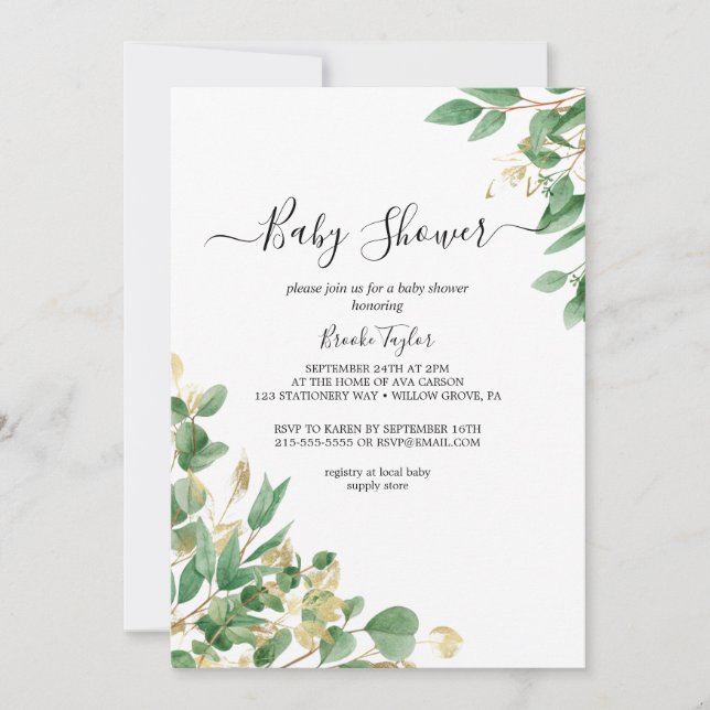 Invitación para baby shower gris | Verde esmeralda (Anverso)