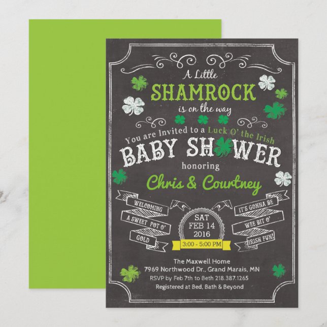 Invitación para Baby Shower Little Shamrock (Anverso / Reverso)