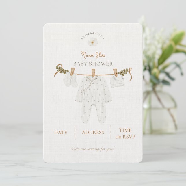 Invitación para baby shower marrón rústico neutral (Anverso de pie)
