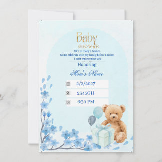 Invitación para Baby Shower | Osito Teddy Azul Beb