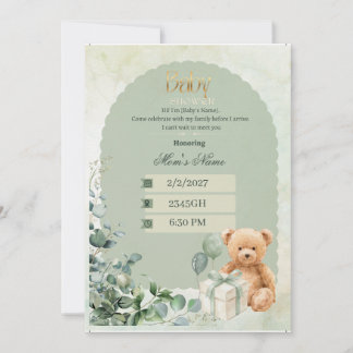Invitación para Baby Shower| Osito Teddy Verde Sag