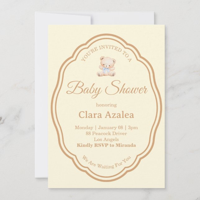 Invitación para Baby Shower | Oso (Anverso)